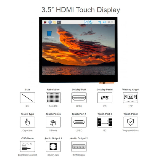 Waveshare 3.5 inch HDMI Capacitive Touch IPS LCD Display (E), 640 x 480, Audio Jack by WAVESHARE