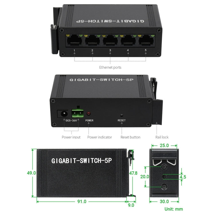 Waveshare Industrial 5P Gigabit Ethernet Switch, Full-Duplex 10/100/1000M, DIN Rail Mount by WAVESHARE