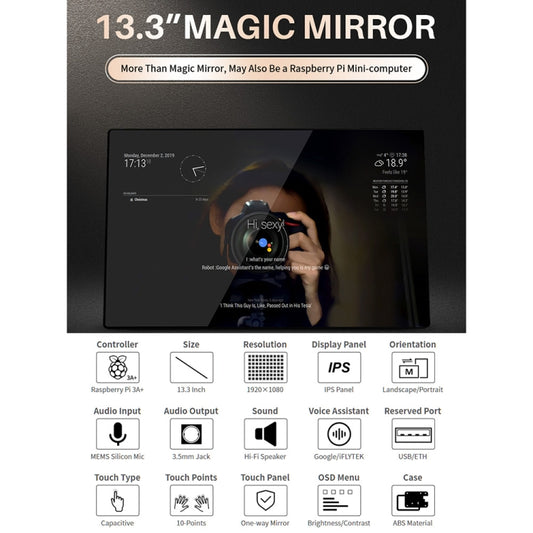 Waveshare 13.3 inch Magic Mirror, Voice Assistant, Touch Control(UK Plug) by WAVESHARE