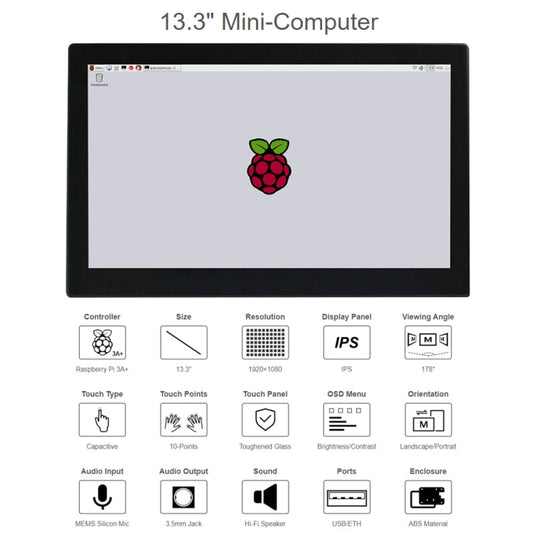 Waveshare 13.3 inch Mini-Computer Powered by Raspberry Pi 3A+, HD Touch Screen(UK Plug) by WAVESHARE