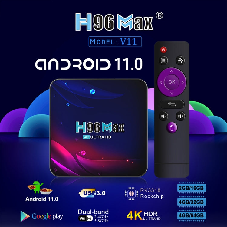 H96 Max V11 4K Smart TV BOX Android 11.0 Media Player with Remote Control, RK3318 Quad-Core 64bit Cortex-A53, RAM: 2GB, ROM: 16GB, Support Dual Band WiFi, Bluetooth, Ethernet, US Plug - RK3318 by buy2fix | Online Shopping UK | buy2fix