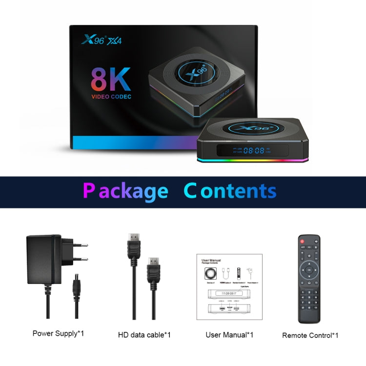 X96 X4 8K Smart TV BOX Android 11.0 Media Player with Remote Control, Amlogic S905X4 Quad Core ARM Cortex A55, RAM: 4GB, ROM: 64GB, Support 1000M, Dual Band WiFi, Bluetooth, EU Plug - Amlogic S905 by buy2fix | Online Shopping UK | buy2fix