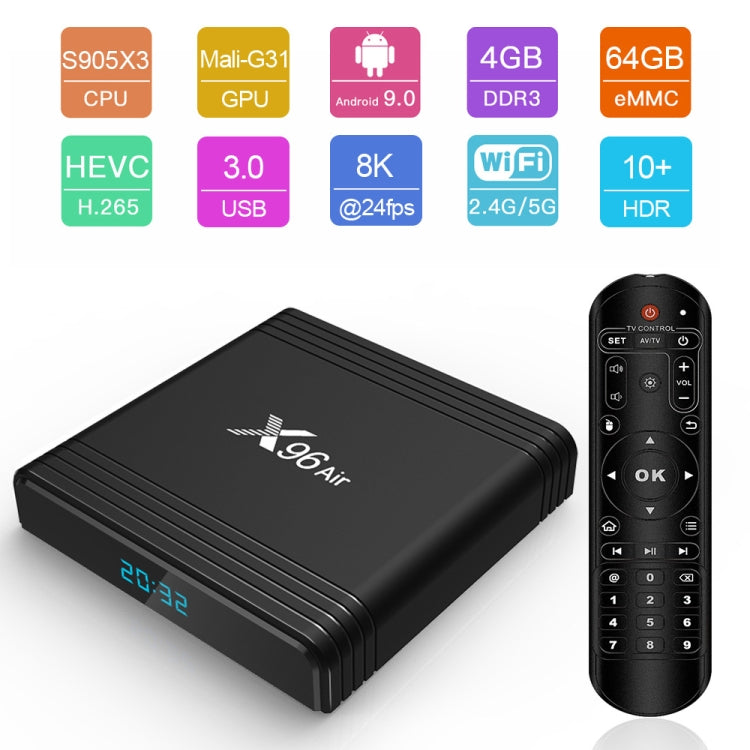 X96 Air 8K Smart TV BOX Android 9.0 Media Player with Remote Control, Quad-core Amlogic S905X3, RAM: 2GB, ROM: 16GB, Dual Band WiFi, US Plug - Amlogic S905 by buy2fix | Online Shopping UK | buy2fix