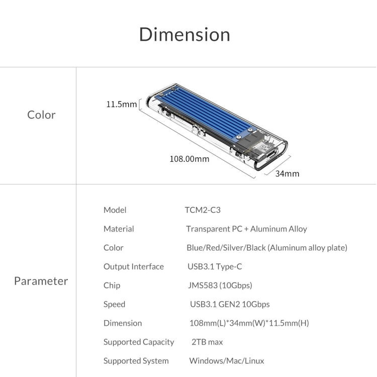ORICO TCM2-C3 NVMe M.2 SSD Enclosure (10Gbps) by ORICO