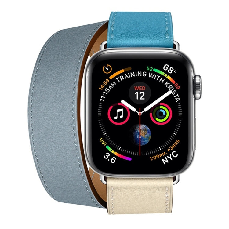 Two Color Double Loop Leather Wrist Strap Watch Band for Apple Watch Series 3 & 2 & 1 42mm, Color:Grey Blue+Pink White+Ice Blue - Watch Bands by buy2fix | Online Shopping UK | buy2fix