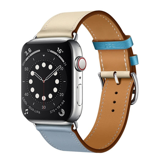 Two Color Single Loop Leather Wrist Strap Watch Band for Apple Watch Series 3 & 2 & 1 38mm, Color:Grey Blue+Pink White+Ice Blue by buy2fix