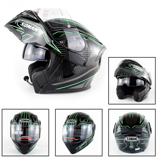 Soman 955 Skyeye Motorcycle Full / Open Face Bluetooth Helmet Headset Full Face, Supports Answer / Hang Up Calls(Black Green) by SOMAN