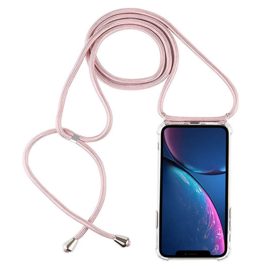 For iPhone XR Four-Corner Anti-Fall Transparent TPU Mobile Phone Case With Lanyard(Rose Gold) by buy2fix