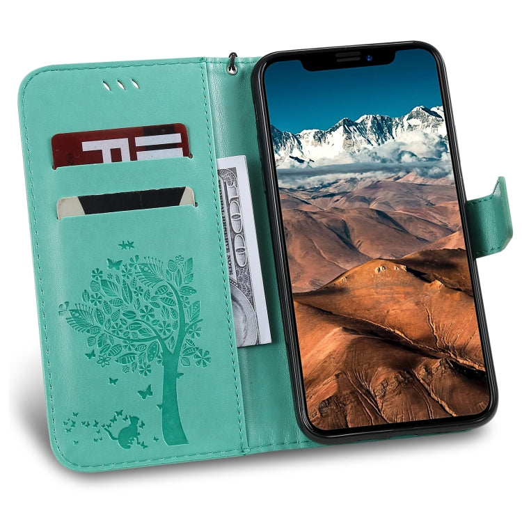 For iPhone 11 Pro Max Tree & Cat Pattern Pressed Printing Horizontal Flip PU Leather Case with Holder & Card Slots & Wallet & Lanyard (Green) - iPhone 11 Pro Max Cases by buy2fix | Online Shopping UK | buy2fix