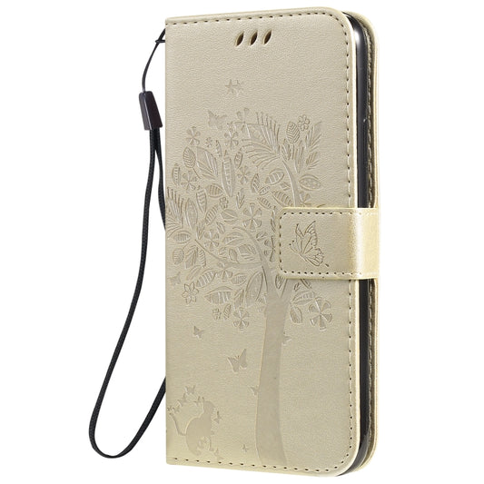 For iPhone 11 Pro Max Tree & Cat Pattern Pressed Printing Horizontal Flip PU Leather Case with Holder & Card Slots & Wallet & Lanyard (Gold) by buy2fix