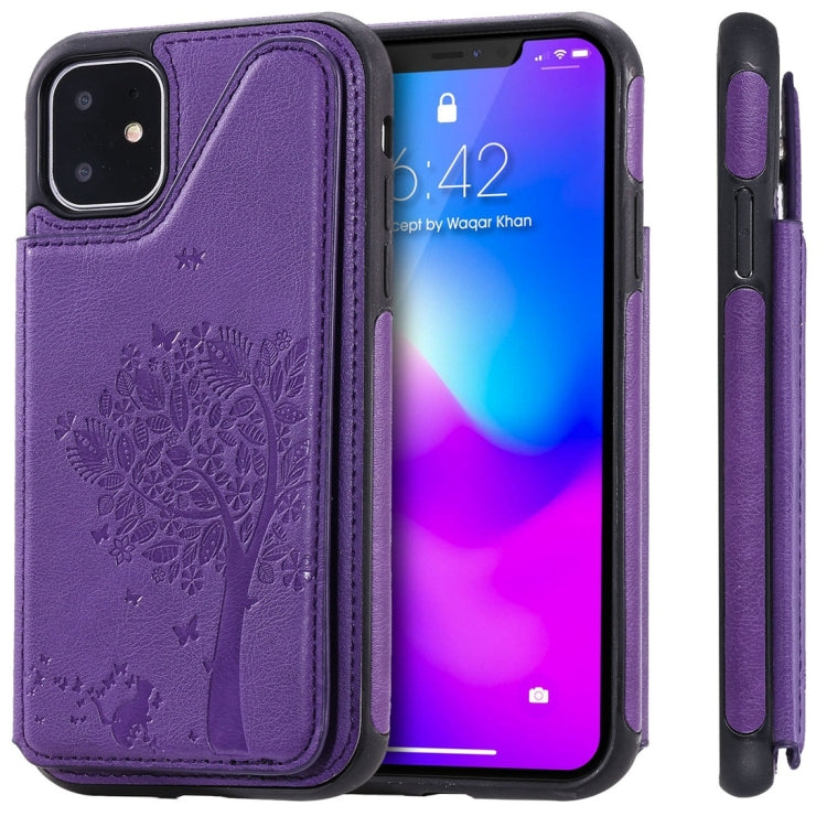 For iPhone 11 Cat Tree Embossing Pattern Shockproof Protective Case with Card Slots & Photo Frame(Purple) - iPhone 11 Cases by buy2fix | Online Shopping UK | buy2fix