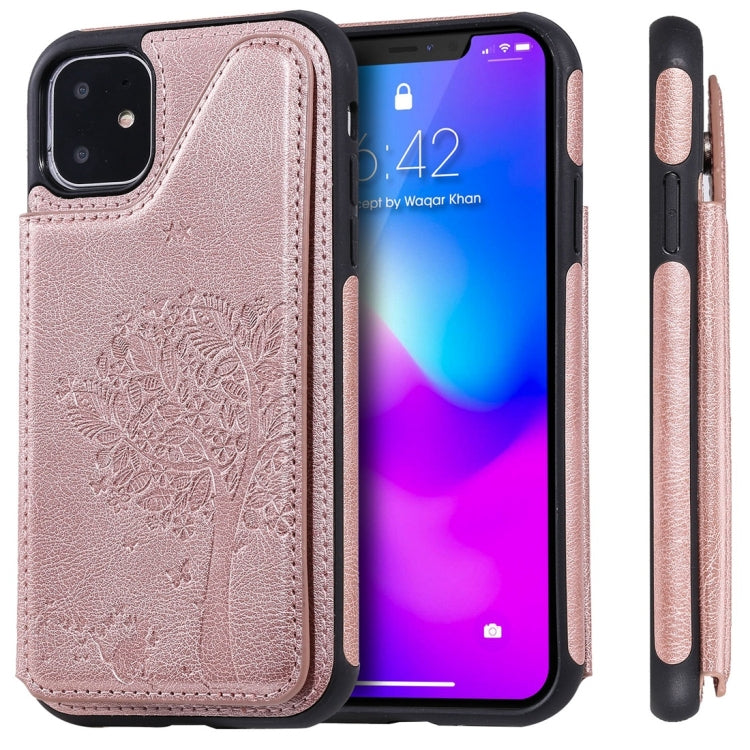 For iPhone 11 Cat Tree Embossing Pattern Shockproof Protective Case with Card Slots & Photo Frame(Rose Gold) - iPhone 11 Cases by buy2fix | Online Shopping UK | buy2fix