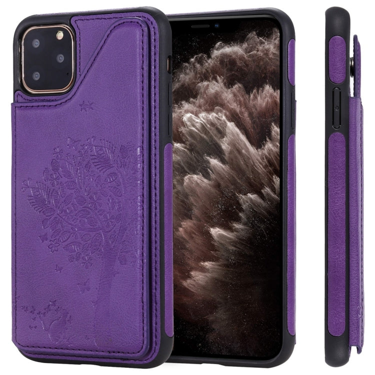 For iPhone 11 Pro Max Cat Tree Embossing Pattern Shockproof Protective Case with Card Slots & Photo Frame(Purple) - iPhone 11 Pro Max Cases by buy2fix | Online Shopping UK | buy2fix