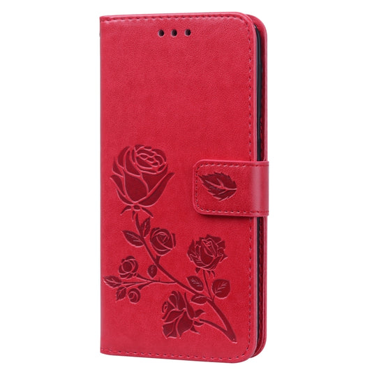 For Galaxy A20e Pressed Printing Rose Pattern Horizontal Flip PU Leather Case with Holder & Card Slots & Wallet(Red) by buy2fix