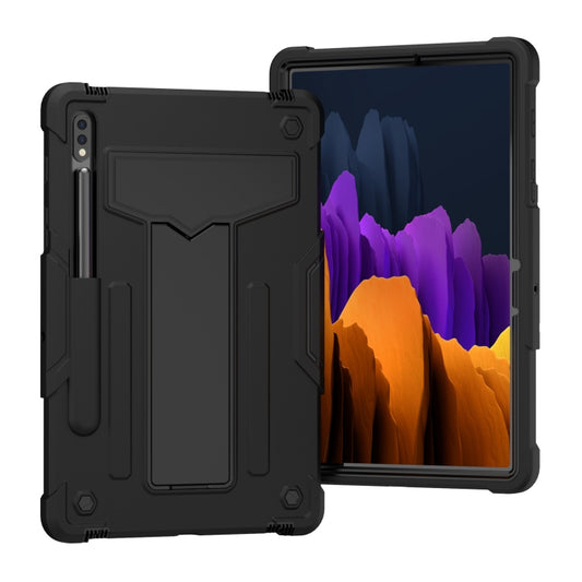 For Samsung Galaxy Tab S8 / Galaxy Tab S7 T870 / T875 T-shaped Bracket Contrast Color Shockproof PC + Silicone Protective Case(Black+Black) - Galaxy Tab S8 Cases by buy2fix | Online Shopping UK | buy2fix