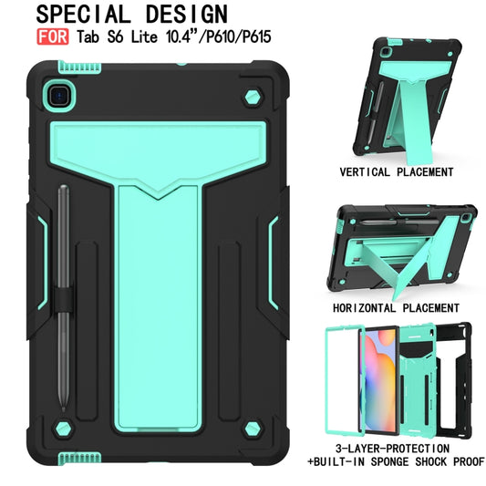 For Samsung Galaxy Tab S6 Lite P610/615 T-shaped Bracket Contrast Color Shockproof PC + Silicone Protective Case(Black+Mint Geen) by buy2fix