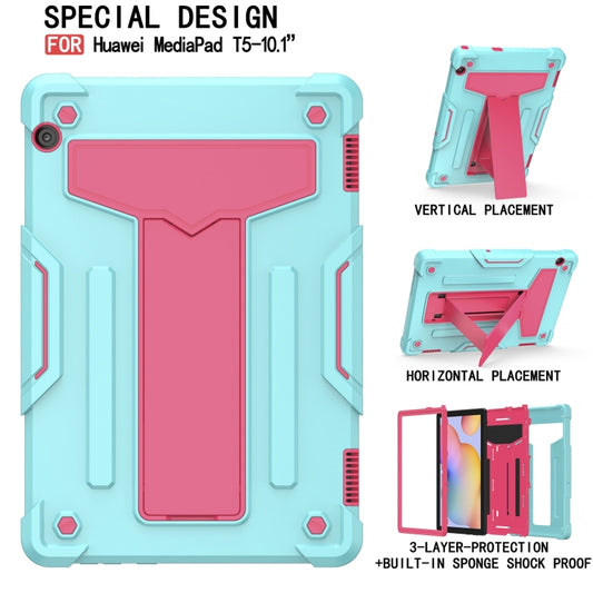 For Huawei MediaPad T5 T-shaped Bracket Contrast Color Shockproof PC + Silicone Protective Case(Mint Green+Rose Red) by buy2fix