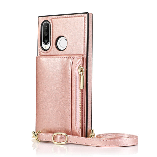 For Huawei P30 Lite Square Zipper Wallet Bag TPU+PU Back Cover Case with Holder & Card Slots & Wallet & Cross-body Strap(Rose Gold) by buy2fix