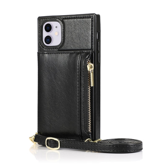 For iPhone 11 Square Zipper Wallet Bag TPU+PU Back Cover Case with Holder & Card Slots & Wallet & Cross-body Strap (Black) by buy2fix