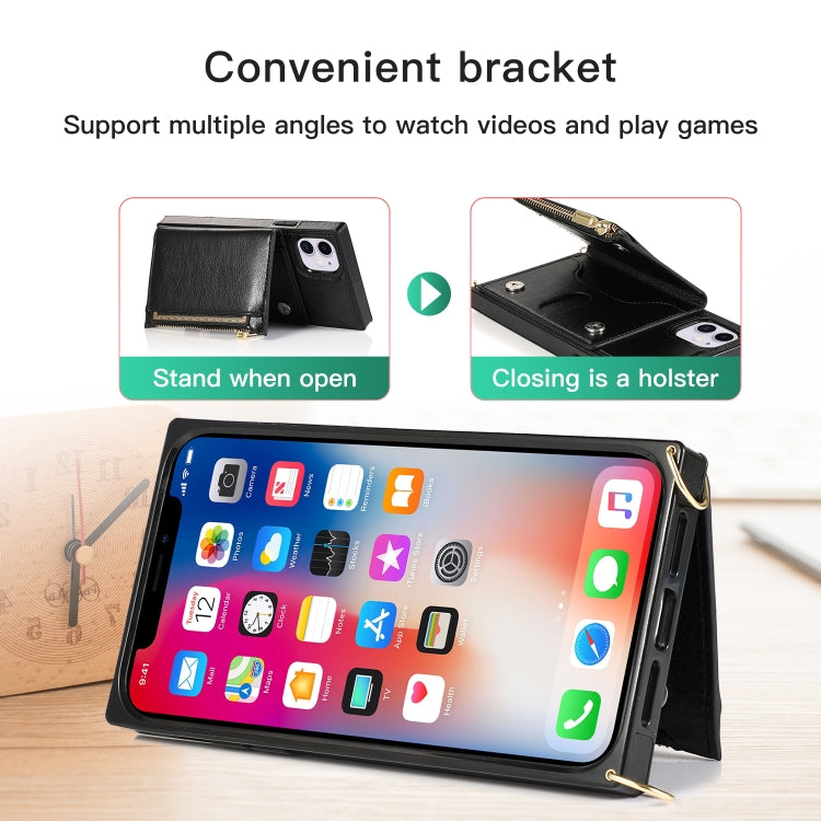 For iPhone 11 Square Zipper Wallet Bag TPU+PU Back Cover Case with Holder & Card Slots & Wallet & Cross-body Strap (Black) - iPhone 11 Cases by buy2fix | Online Shopping UK | buy2fix