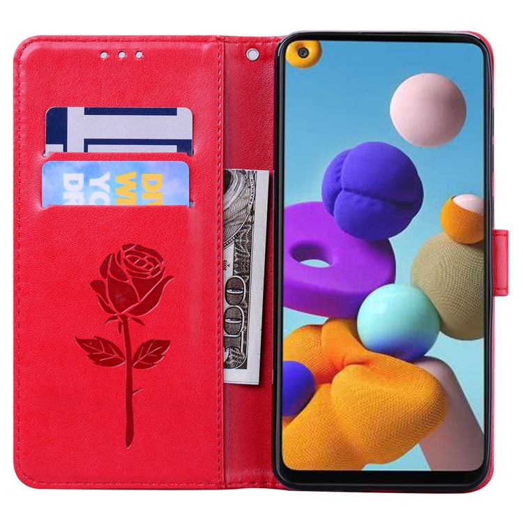 For Samsung Galaxy A21s Rose Embossed Horizontal Flip PU Leather Case with Holder & Card Slots & Wallet(Red) - Galaxy Phone Cases by buy2fix | Online Shopping UK | buy2fix