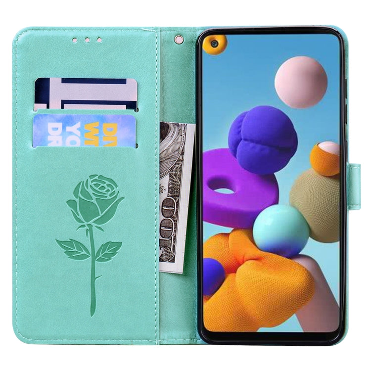 For Samsung Galaxy A21s Rose Embossed Horizontal Flip PU Leather Case with Holder & Card Slots & Wallet(Green) - Galaxy Phone Cases by buy2fix | Online Shopping UK | buy2fix
