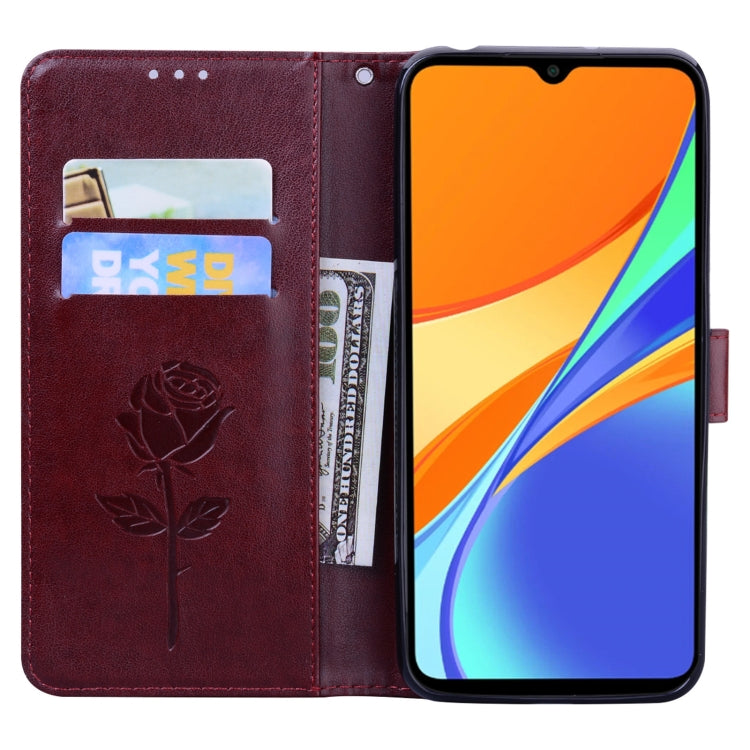 For Xiaomi Redmi 9C Rose Embossed Horizontal Flip PU Leather Case with Holder & Card Slots & Wallet(Brown) - Xiaomi Cases by buy2fix | Online Shopping UK | buy2fix
