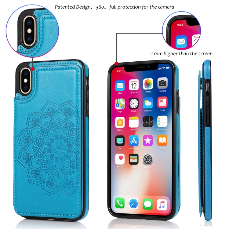 For iPhone X / XS Double Buckle Mandala Pattern PU+TPU Protective Case with Card Slots & Holder & Photo Frame(Blue) - More iPhone Cases by buy2fix | Online Shopping UK | buy2fix