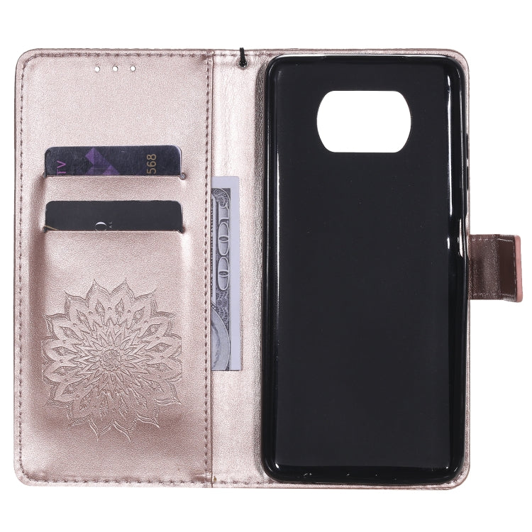 For Xiaomi Poco X3 NFC Pressed Printing Sunflower Pattern Horizontal Flip PU Leather Case with Holder & Card Slots & Wallet & Lanyard(Rose Gold) - Xiaomi Cases by buy2fix | Online Shopping UK | buy2fix
