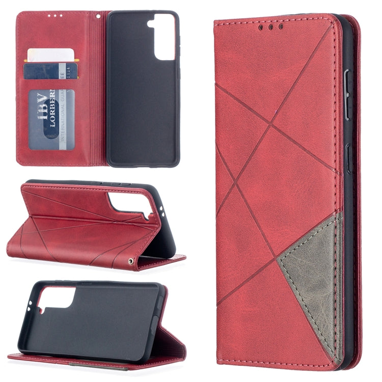 For Samsung Galaxy S21 5G Rhombus Texture Horizontal Flip Magnetic Leather Case with Holder & Card Slots(Red) - Galaxy S21 5G Cases by buy2fix | Online Shopping UK | buy2fix