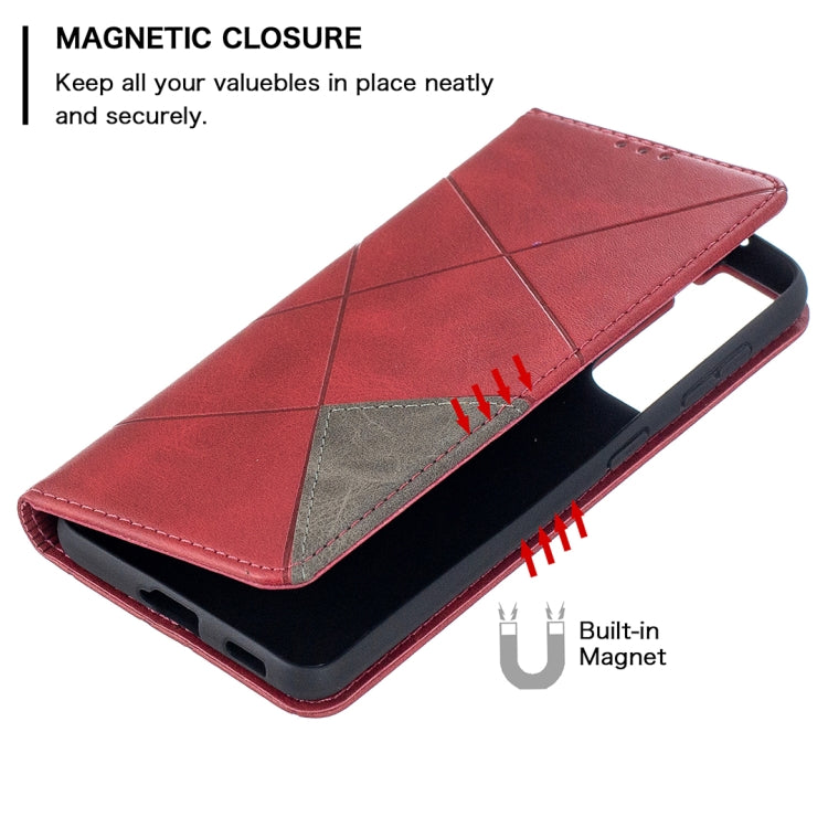 For Samsung Galaxy S21 5G Rhombus Texture Horizontal Flip Magnetic Leather Case with Holder & Card Slots(Red) - Galaxy S21 5G Cases by buy2fix | Online Shopping UK | buy2fix
