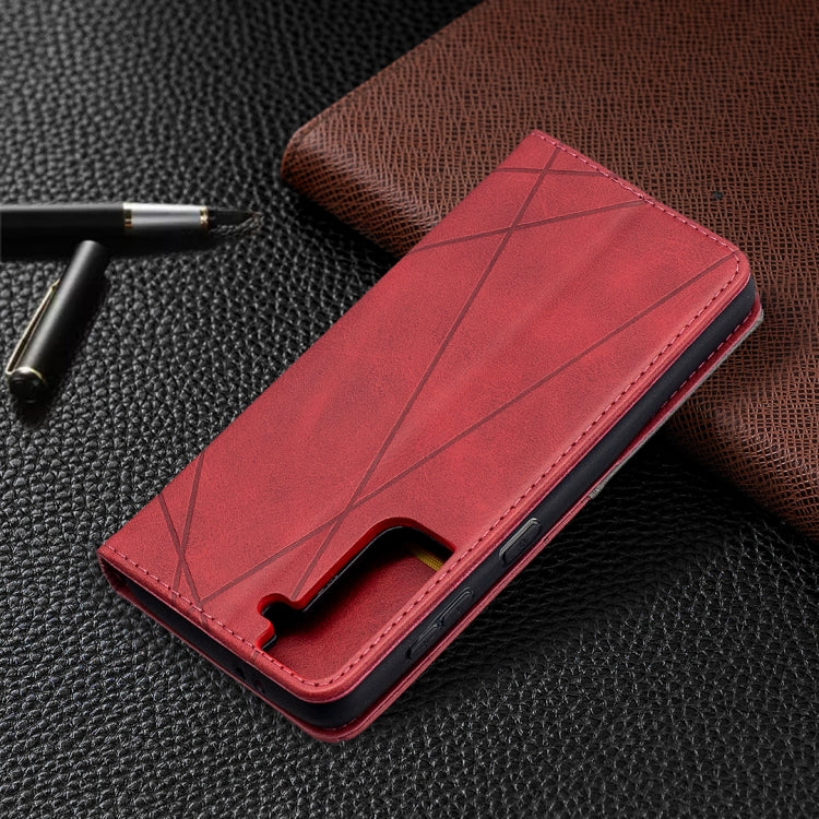 For Samsung Galaxy S21 5G Rhombus Texture Horizontal Flip Magnetic Leather Case with Holder & Card Slots(Red) - Galaxy S21 5G Cases by buy2fix | Online Shopping UK | buy2fix
