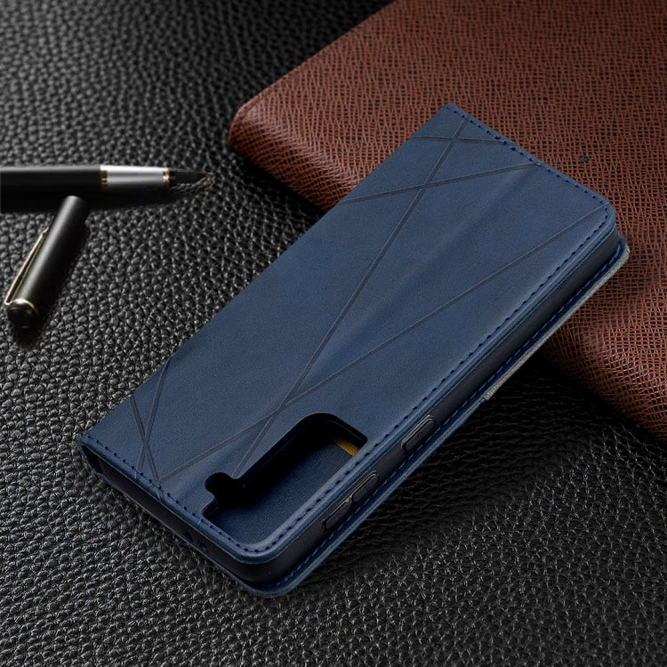 For Samsung Galaxy S21 5G Rhombus Texture Horizontal Flip Magnetic Leather Case with Holder & Card Slots(Blue) - Galaxy S21 5G Cases by buy2fix | Online Shopping UK | buy2fix