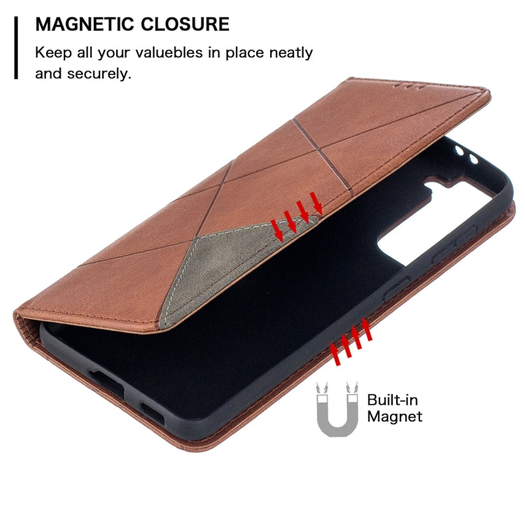 For Samsung Galaxy S21 5G Rhombus Texture Horizontal Flip Magnetic Leather Case with Holder & Card Slots(Brown) - Galaxy S21 5G Cases by buy2fix | Online Shopping UK | buy2fix