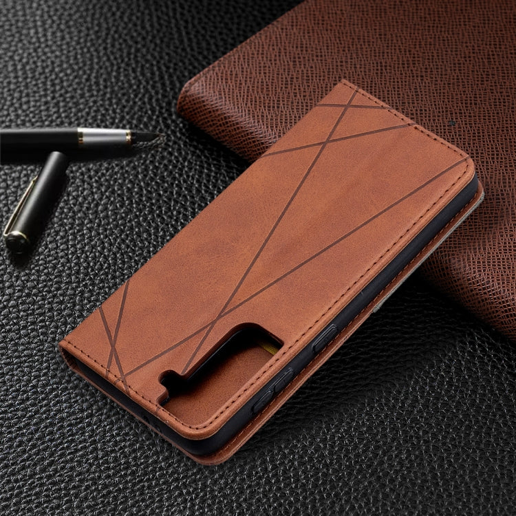 For Samsung Galaxy S21 5G Rhombus Texture Horizontal Flip Magnetic Leather Case with Holder & Card Slots(Brown) - Galaxy S21 5G Cases by buy2fix | Online Shopping UK | buy2fix