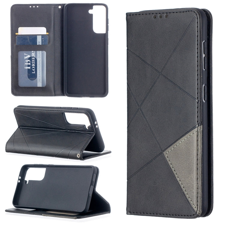 For Samsung Galaxy S21 5G Rhombus Texture Horizontal Flip Magnetic Leather Case with Holder & Card Slots(Black) - Galaxy S21 5G Cases by buy2fix | Online Shopping UK | buy2fix
