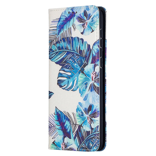 For Samsung Galaxy S21+ 5G Colored Drawing Pattern Invisible Magnetic Horizontal Flip PU Leather Case with Holder & Card Slots & Wallet(Blue Leaves) by buy2fix