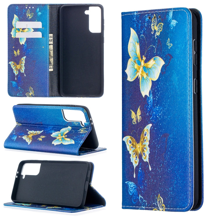 For Samsung Galaxy S21+ 5G Colored Drawing Pattern Invisible Magnetic Horizontal Flip PU Leather Case with Holder & Card Slots & Wallet(Gold Butterflies) - Galaxy S21+ 5G Cases by buy2fix | Online Shopping UK | buy2fix