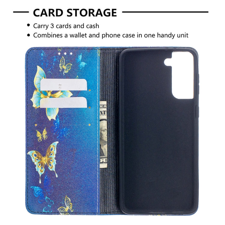 For Samsung Galaxy S21+ 5G Colored Drawing Pattern Invisible Magnetic Horizontal Flip PU Leather Case with Holder & Card Slots & Wallet(Gold Butterflies) - Galaxy S21+ 5G Cases by buy2fix | Online Shopping UK | buy2fix