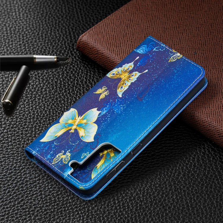 For Samsung Galaxy S21+ 5G Colored Drawing Pattern Invisible Magnetic Horizontal Flip PU Leather Case with Holder & Card Slots & Wallet(Gold Butterflies) - Galaxy S21+ 5G Cases by buy2fix | Online Shopping UK | buy2fix