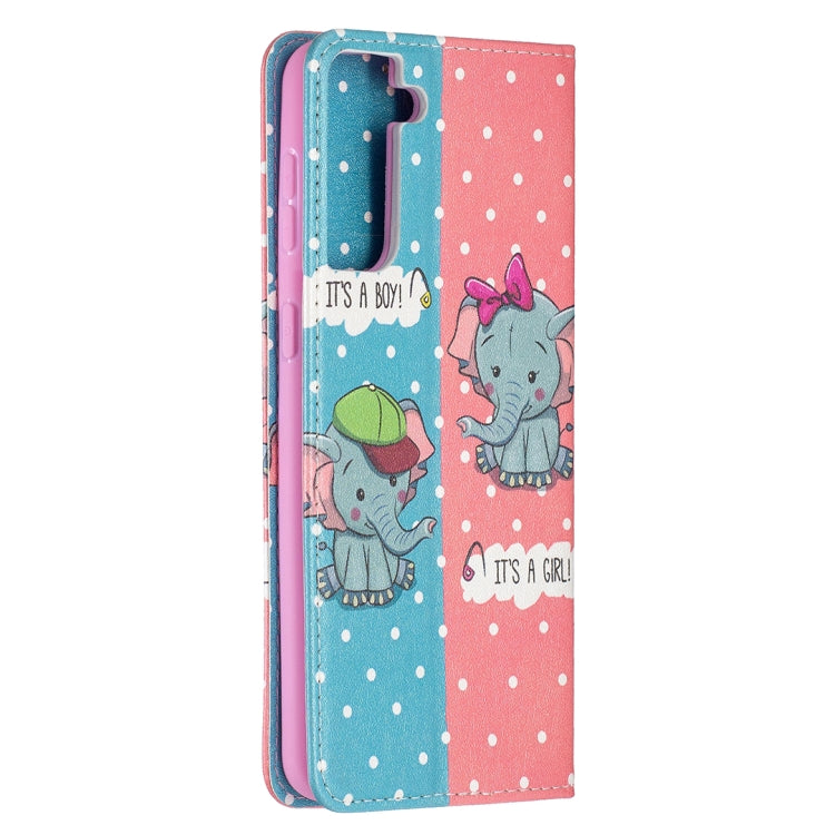 For Samsung Galaxy S21+ 5G Colored Drawing Pattern Invisible Magnetic Horizontal Flip PU Leather Case with Holder & Card Slots & Wallet(Elephants) - Galaxy S21+ 5G Cases by buy2fix | Online Shopping UK | buy2fix