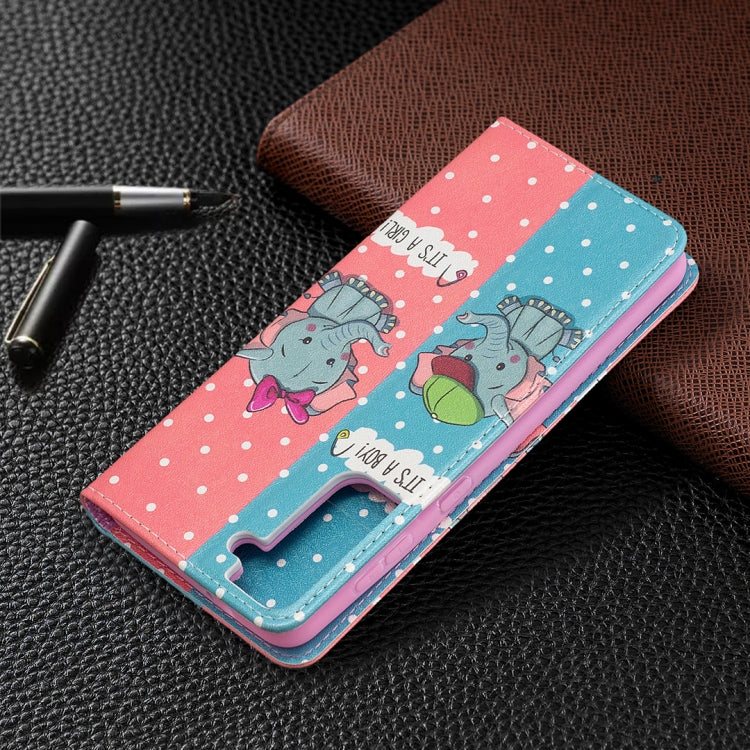 For Samsung Galaxy S21+ 5G Colored Drawing Pattern Invisible Magnetic Horizontal Flip PU Leather Case with Holder & Card Slots & Wallet(Elephants) - Galaxy S21+ 5G Cases by buy2fix | Online Shopping UK | buy2fix