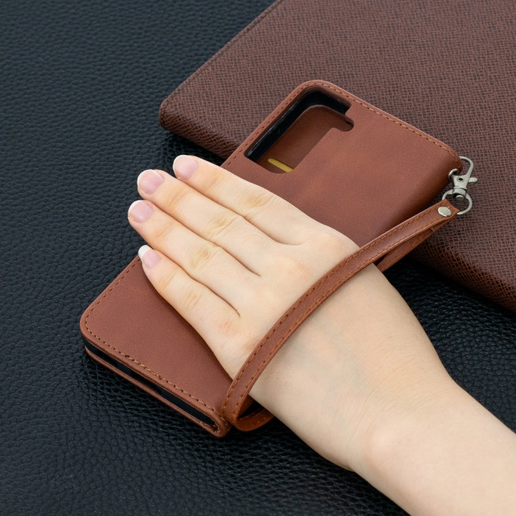 For Samsung Galaxy S21 5G Lambskin Texture Pure Color Horizontal Flip PU Leather Case with Holder & Card Slots & Wallet & Lanyard(Brown) - Galaxy S21 5G Cases by buy2fix | Online Shopping UK | buy2fix