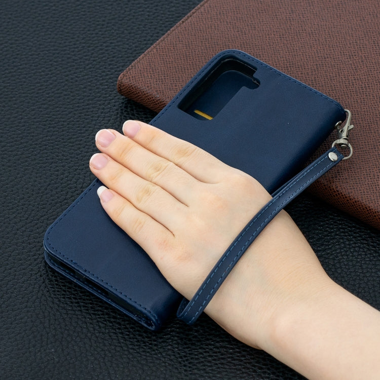For Samsung Galaxy S21+ 5G Lambskin Texture Pure Color Horizontal Flip PU Leather Case with Holder & Card Slots & Wallet & Lanyard(Blue) - Galaxy S21+ 5G Cases by buy2fix | Online Shopping UK | buy2fix