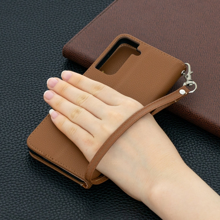 For Samsung Galaxy S21 5G Litchi Texture Pure Color Horizontal Flip Leather Case with Holder & Card Slots & Wallet & Lanyard(Brown) - Galaxy S21 5G Cases by buy2fix | Online Shopping UK | buy2fix