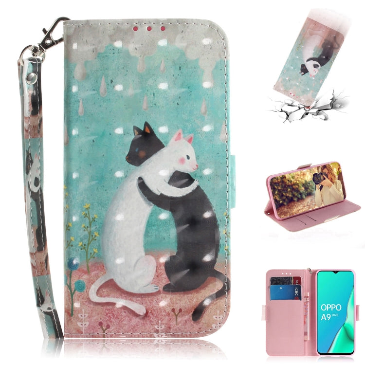 For OPPO A5 2020 3D Colored Drawing Horizontal Flip Leather Case with Holder & Card Slots & Wallet & Lanyard(Black White Cat) - OPPO Cases by buy2fix | Online Shopping UK | buy2fix