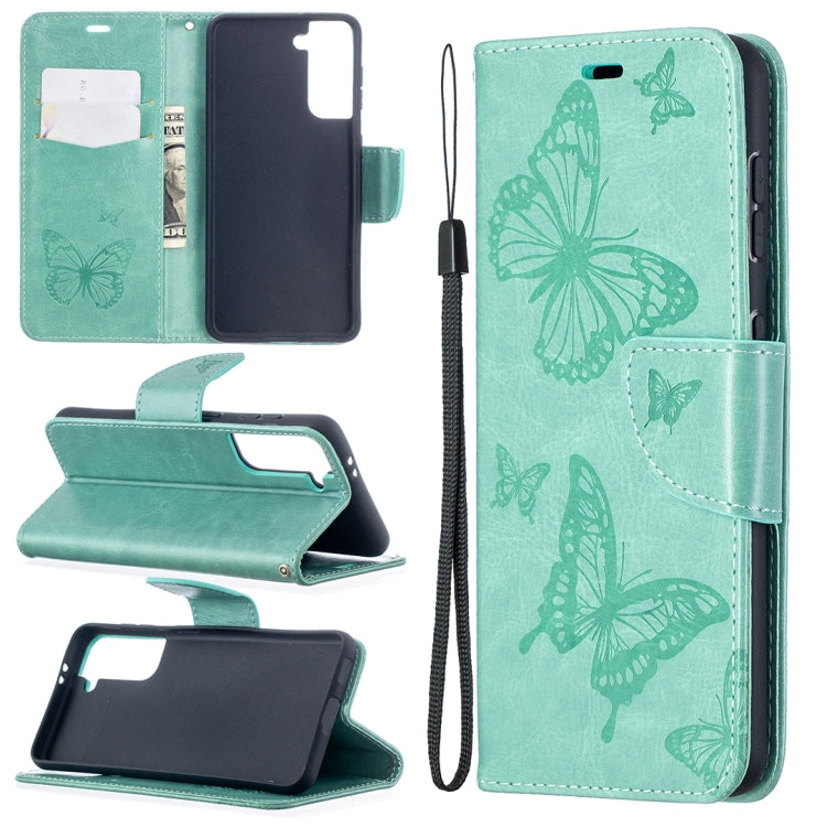 For Samsung Galaxy S21 5G Embossing Two Butterflies Pattern Horizontal Flip PU Leather Case with Holder & Card Slot & Wallet & Lanyard(Green) - Galaxy S21 5G Cases by buy2fix | Online Shopping UK | buy2fix