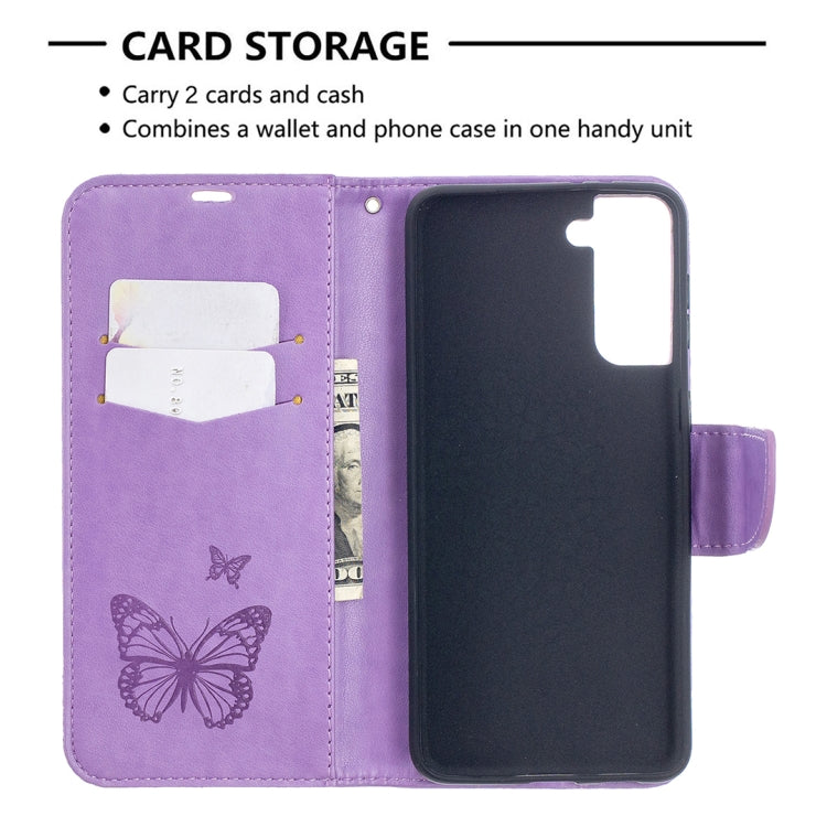For Samsung Galaxy S21+ 5G Embossing Two Butterflies Pattern Horizontal Flip PU Leather Case with Holder & Card Slot & Wallet & Lanyard(Purple) - Galaxy S21+ 5G Cases by buy2fix | Online Shopping UK | buy2fix
