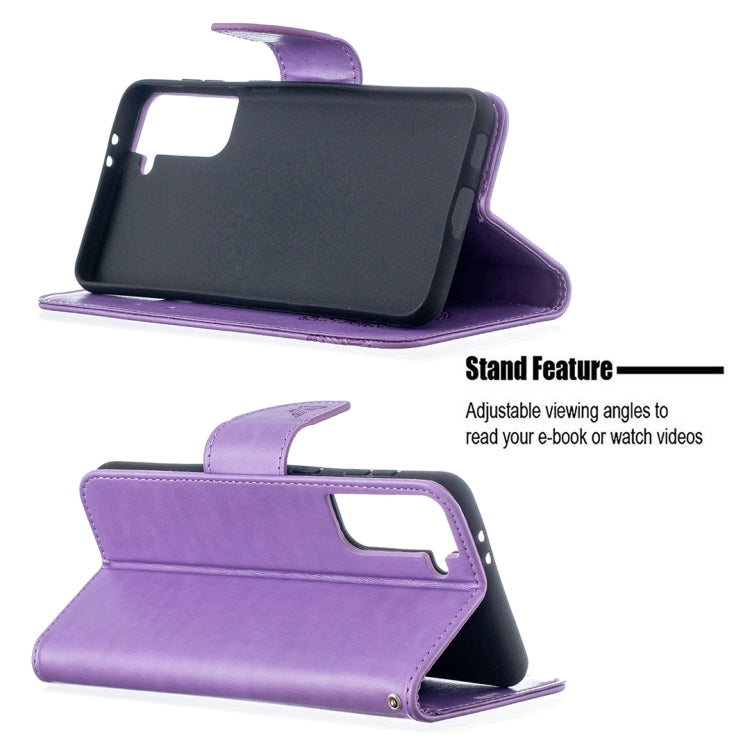 For Samsung Galaxy S21+ 5G Embossing Two Butterflies Pattern Horizontal Flip PU Leather Case with Holder & Card Slot & Wallet & Lanyard(Purple) - Galaxy S21+ 5G Cases by buy2fix | Online Shopping UK | buy2fix