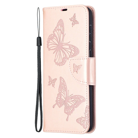 For Samsung Galaxy S21+ 5G Embossing Two Butterflies Pattern Horizontal Flip PU Leather Case with Holder & Card Slot & Wallet & Lanyard(Rose Gold) by buy2fix